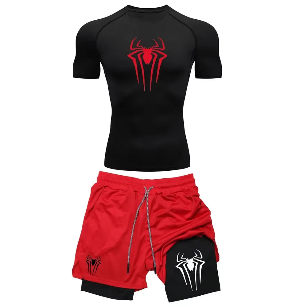 Men'S Workout Compression Set Y2K Spider Printed Gym Tshirts Breathable Running Shorts Quick Dry Sports Rash Guard Sportwear Set