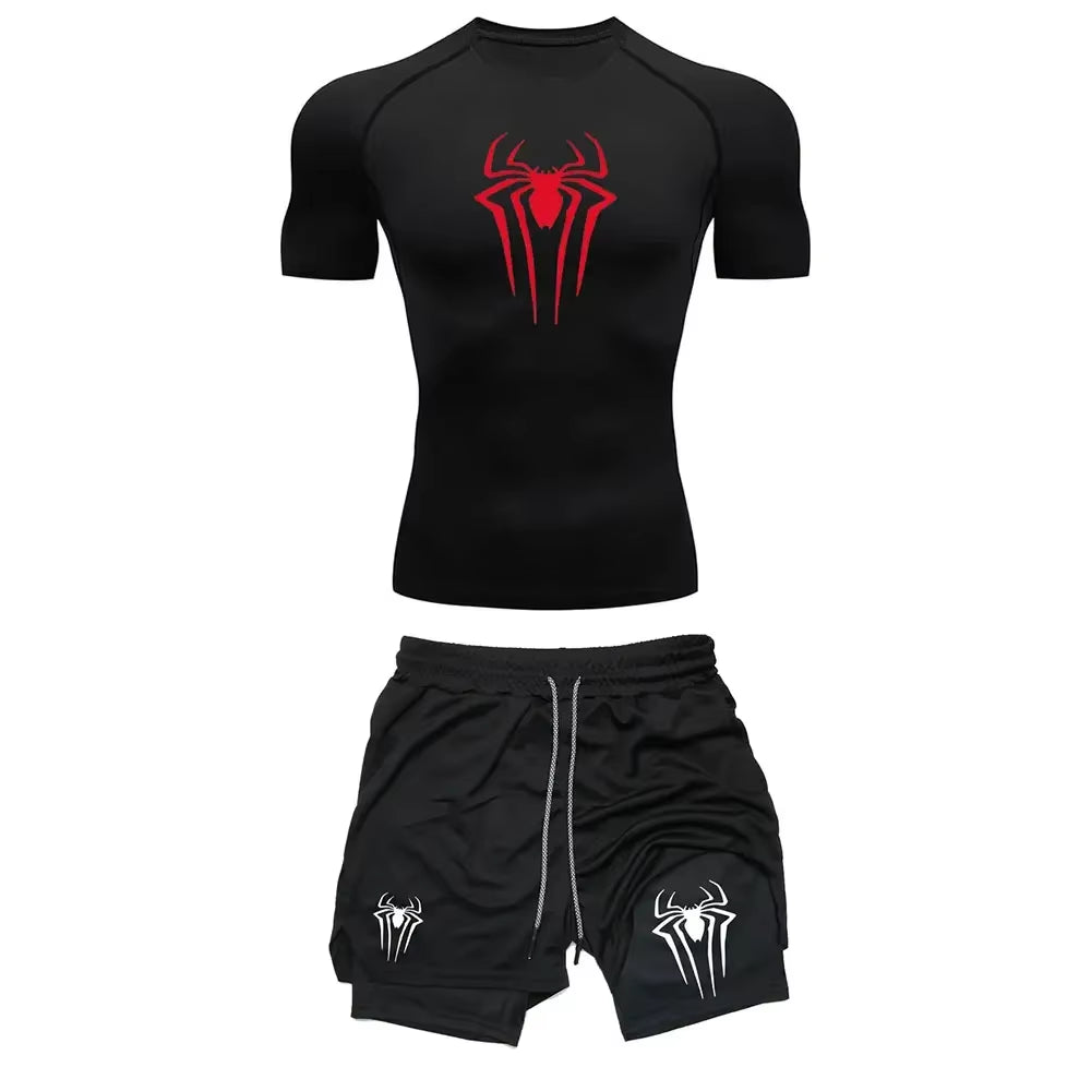 Men'S Workout Compression Set Y2K Spider Printed Gym Tshirts Breathable Running Shorts Quick Dry Sports Rash Guard Sportwear Set