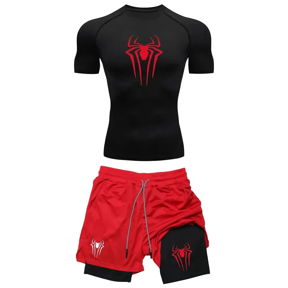 Men'S Workout Compression Set Y2K Spider Printed Gym Tshirts Breathable Running Shorts Quick Dry Sports Rash Guard Sportwear Set