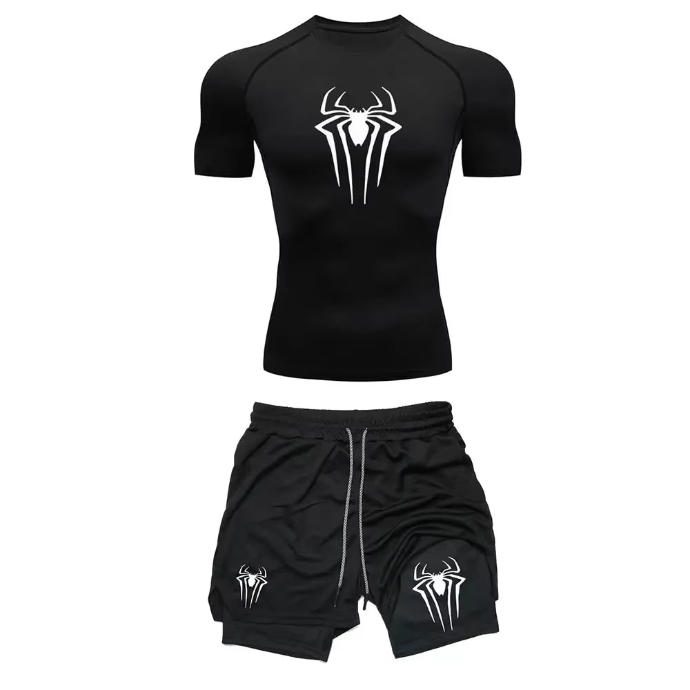 Men'S Workout Compression Set Y2K Spider Printed Gym Tshirts Breathable Running Shorts Quick Dry Sports Rash Guard Sportwear Set