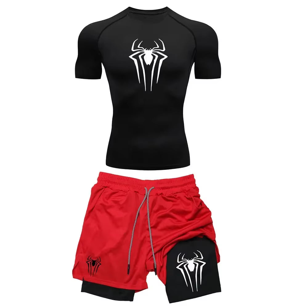 Men'S Workout Compression Set Y2K Spider Printed Gym Tshirts Breathable Running Shorts Quick Dry Sports Rash Guard Sportwear Set