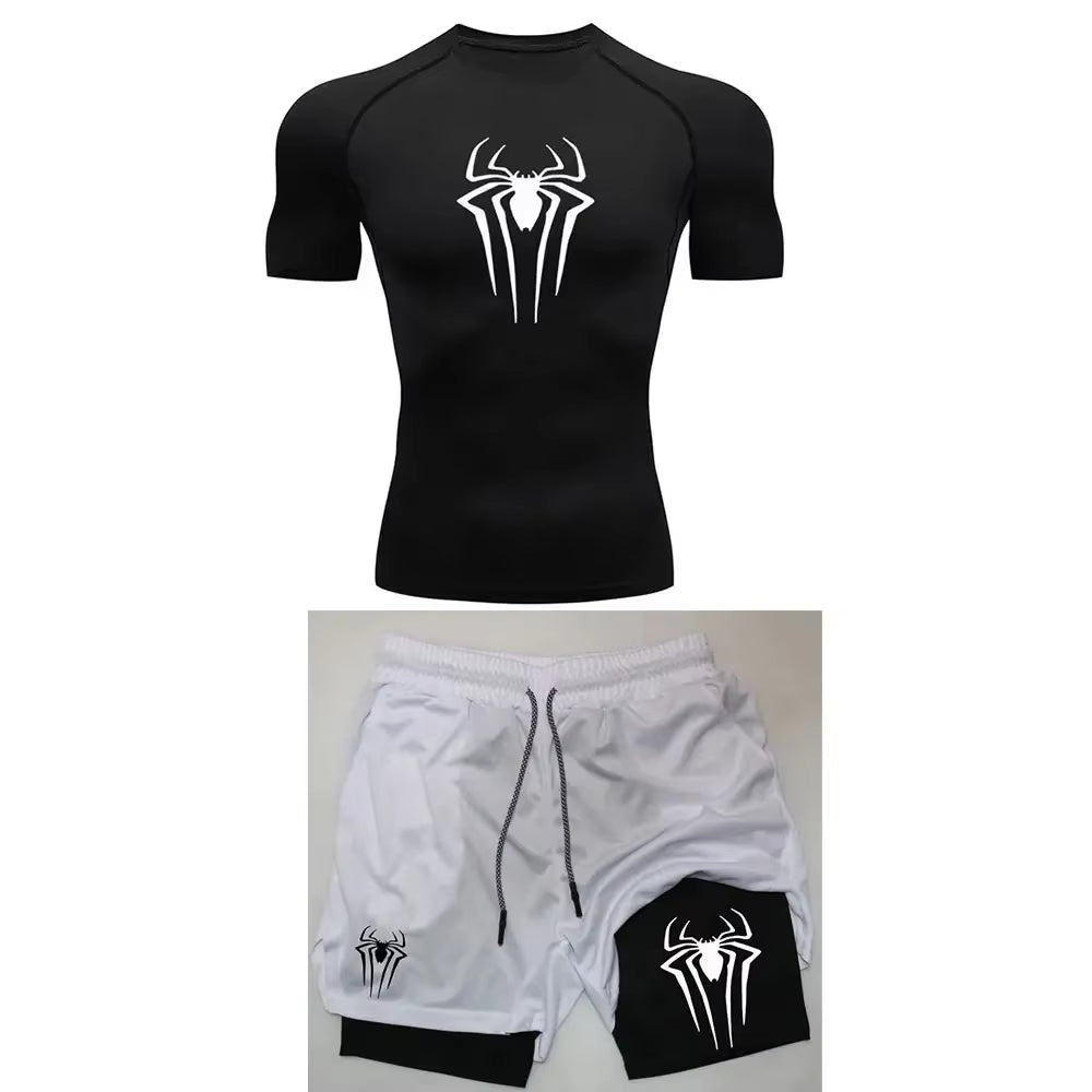 Men'S Workout Compression Set Y2K Spider Printed Gym Tshirts Breathable Running Shorts Quick Dry Sports Rash Guard Sportwear Set