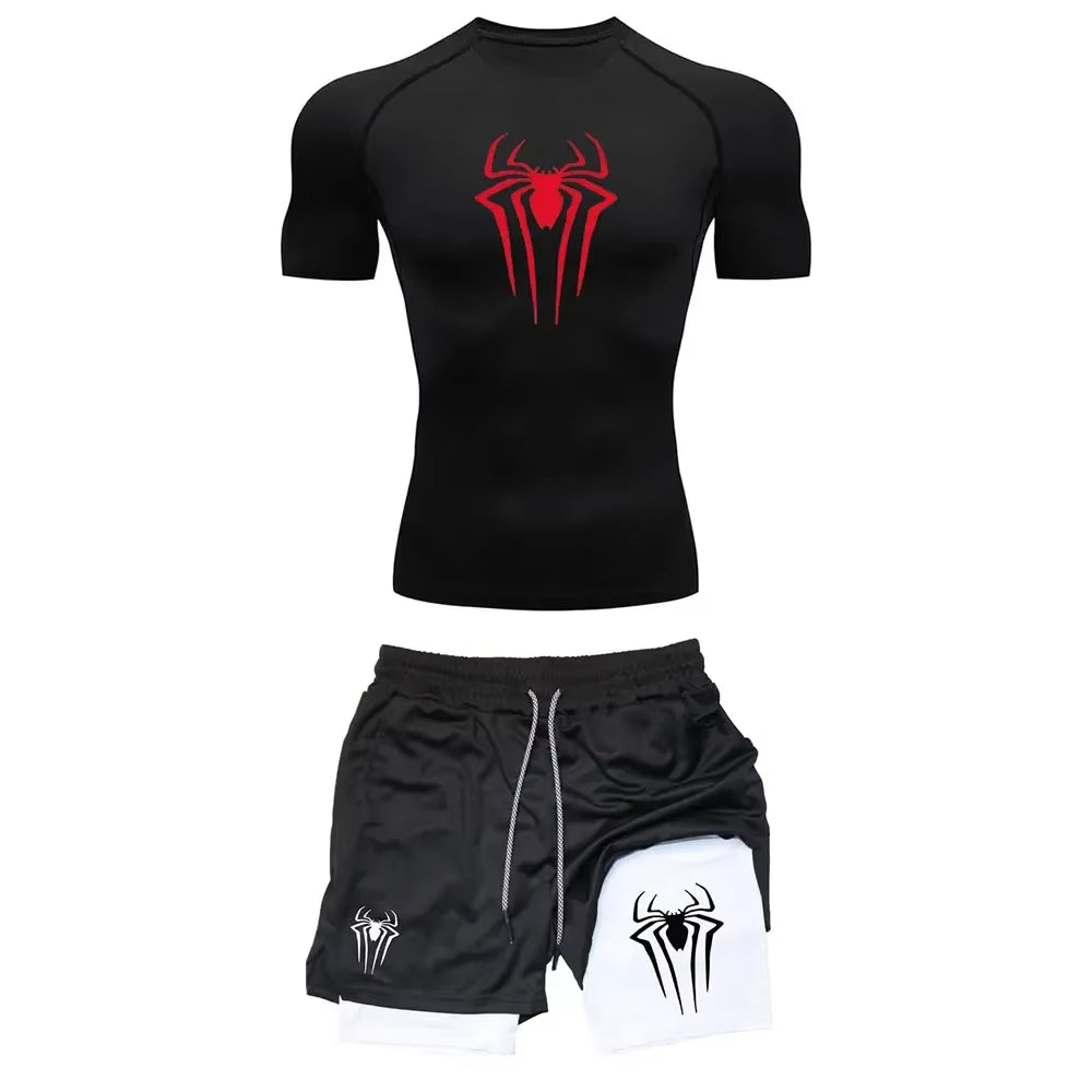 Men'S Workout Compression Set Y2K Spider Printed Gym Tshirts Breathable Running Shorts Quick Dry Sports Rash Guard Sportwear Set