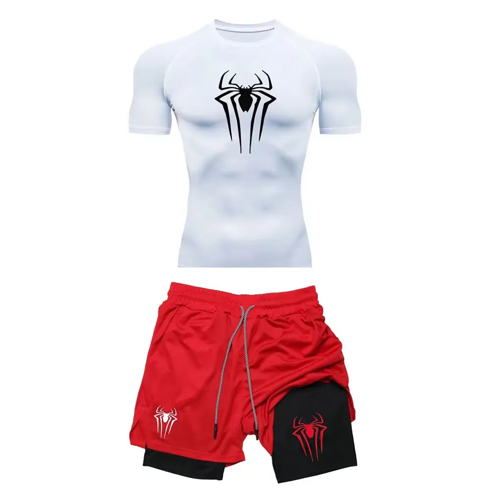 Men'S Workout Compression Set Y2K Spider Printed Gym Tshirts Breathable Running Shorts Quick Dry Sports Rash Guard Sportwear Set