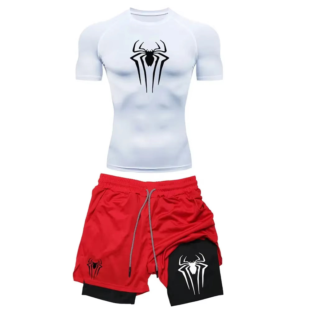 Men'S Workout Compression Set Y2K Spider Printed Gym Tshirts Breathable Running Shorts Quick Dry Sports Rash Guard Sportwear Set