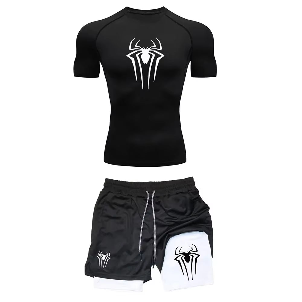 Men'S Workout Compression Set Y2K Spider Printed Gym Tshirts Breathable Running Shorts Quick Dry Sports Rash Guard Sportwear Set