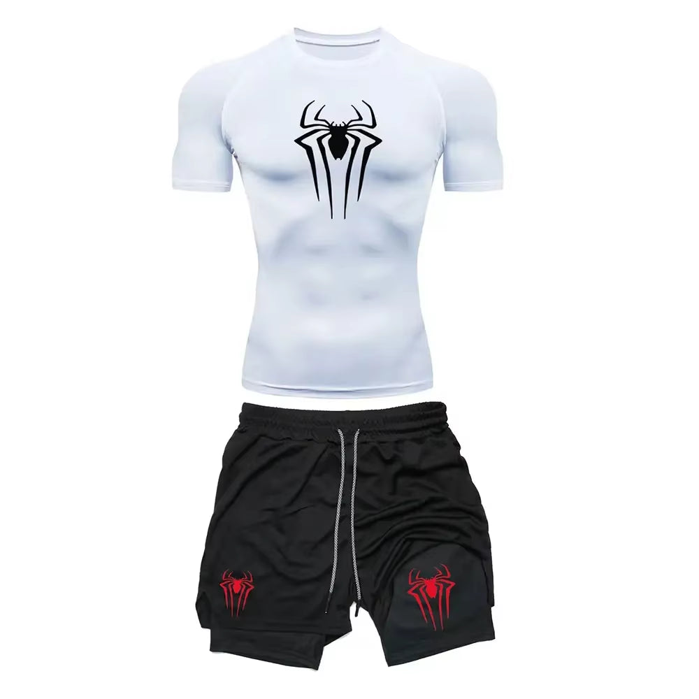 Men'S Workout Compression Set Y2K Spider Printed Gym Tshirts Breathable Running Shorts Quick Dry Sports Rash Guard Sportwear Set