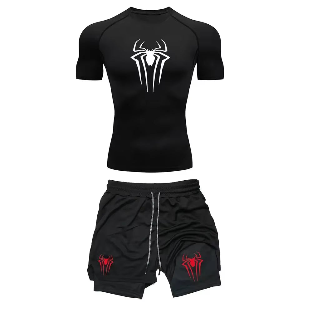 Men'S Workout Compression Set Y2K Spider Printed Gym Tshirts Breathable Running Shorts Quick Dry Sports Rash Guard Sportwear Set