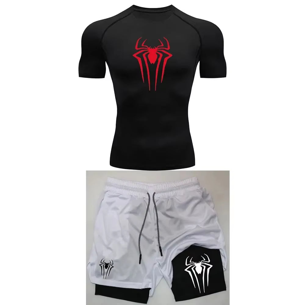 Men'S Workout Compression Set Y2K Spider Printed Gym Tshirts Breathable Running Shorts Quick Dry Sports Rash Guard Sportwear Set