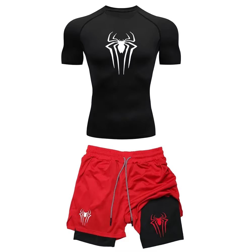 Men'S Workout Compression Set Y2K Spider Printed Gym Tshirts Breathable Running Shorts Quick Dry Sports Rash Guard Sportwear Set